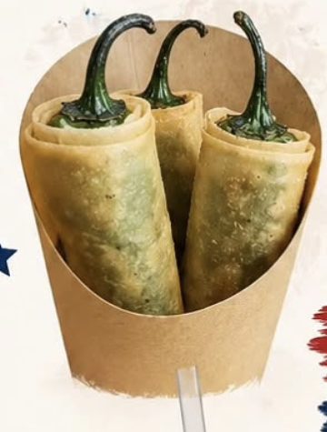 Jalalumpia poppers — peppers stuffed with cream cheese, wrapped in lumpia wrappers and fried, served in a kraft cone